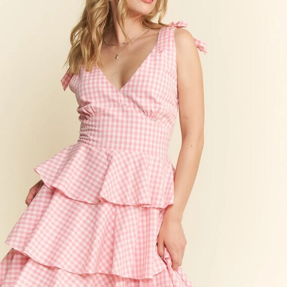 Jade By Jane Full Size Gingham Tiered Mini Dress Plus Size - Picture 2 of 7